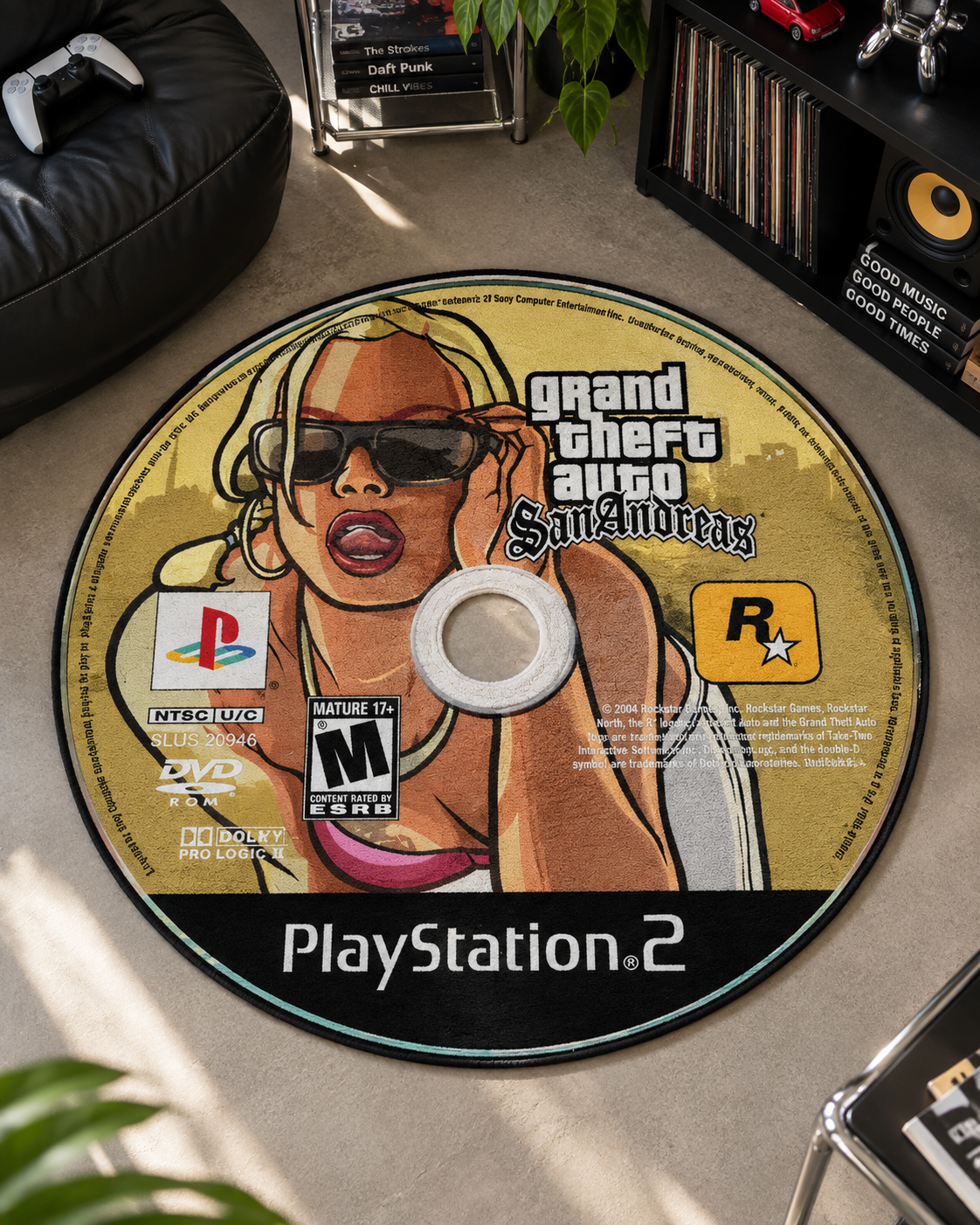 GTA San Andreas CD desenli yuvarlak halı 100x100 cm